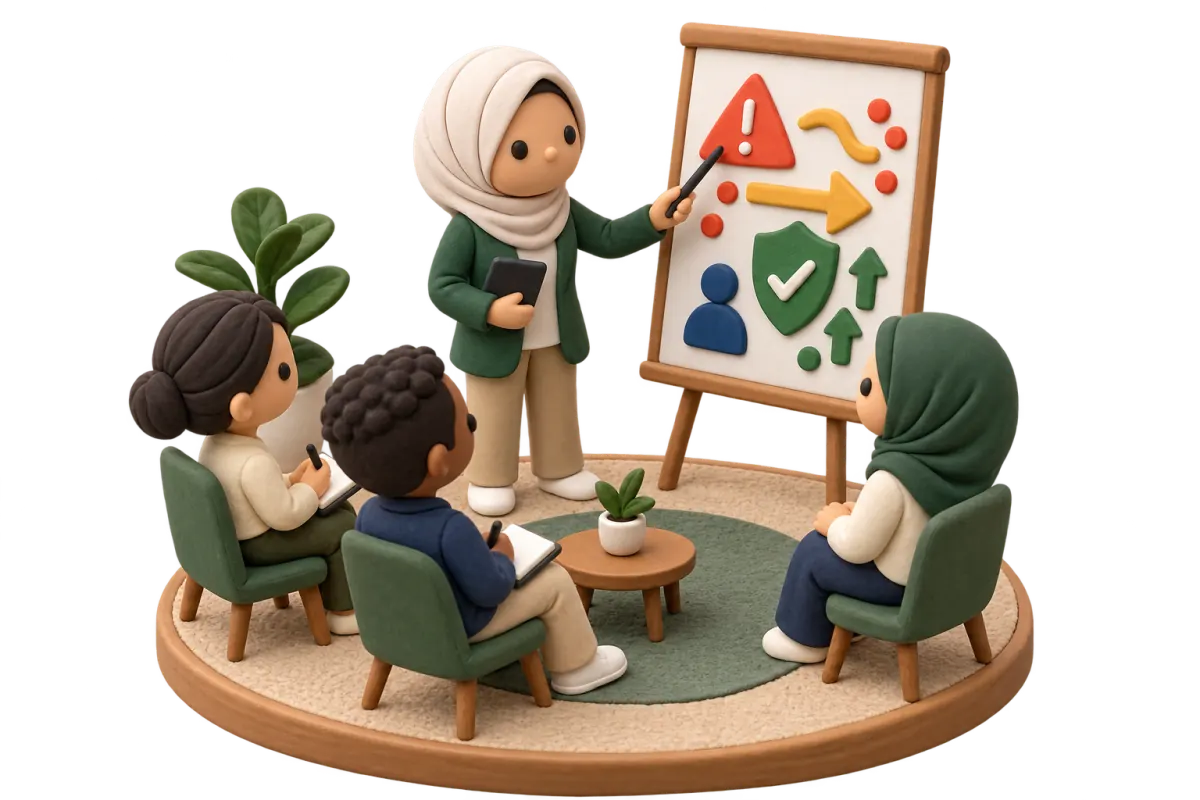 A Malaysian facilitator leading a practical community risk education session