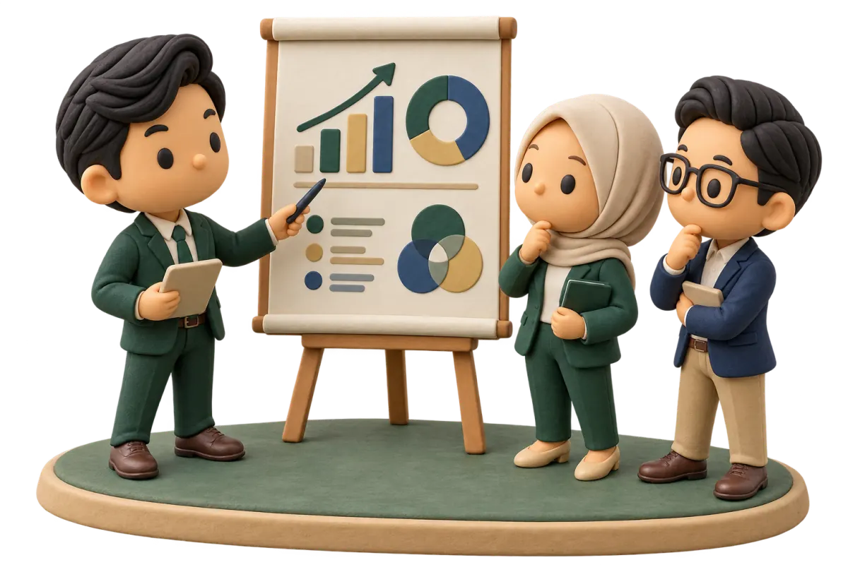 Three Malaysian advisers reviewing a shared growth and value plan