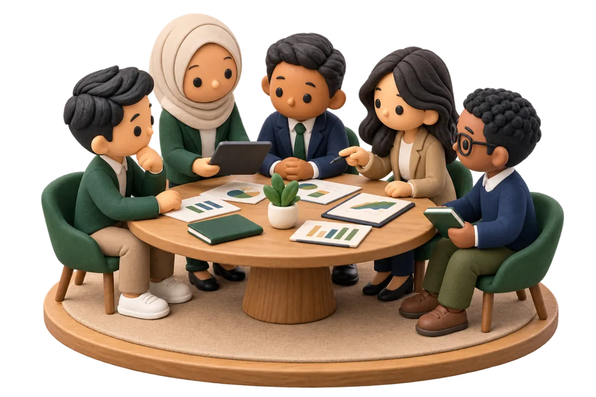 Five diverse Malaysian community and insurance partners collaborating around a round table